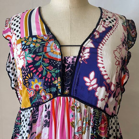 Anthropologie Patchwork Print Ruffle Shoulder Swing Dress Size 12 Petite - Picture 11 of 13